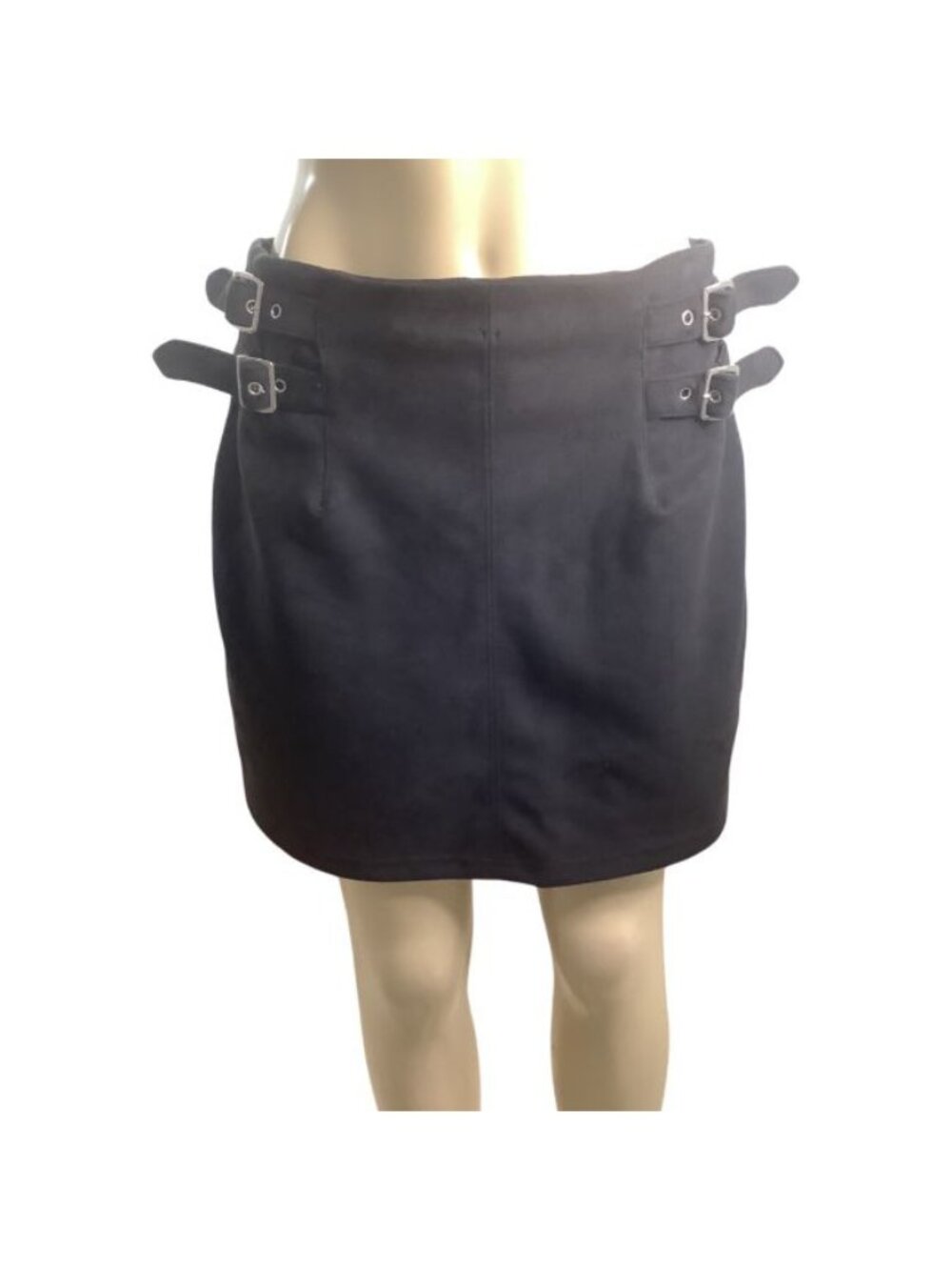 Iris Size XL Black Faux Suede Double Buckle Mini Skirt New Without Tags